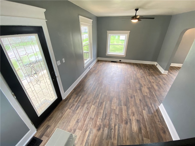 entrance foyer with ceiling fan and dark hardwood / wood-style flooring