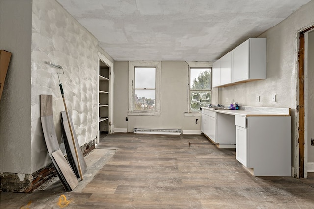 kitchen featuring wood-type flooring and white cabinets