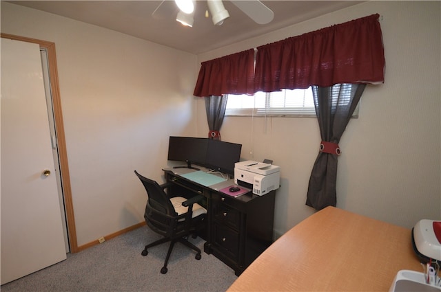 office area with light carpet and ceiling fan