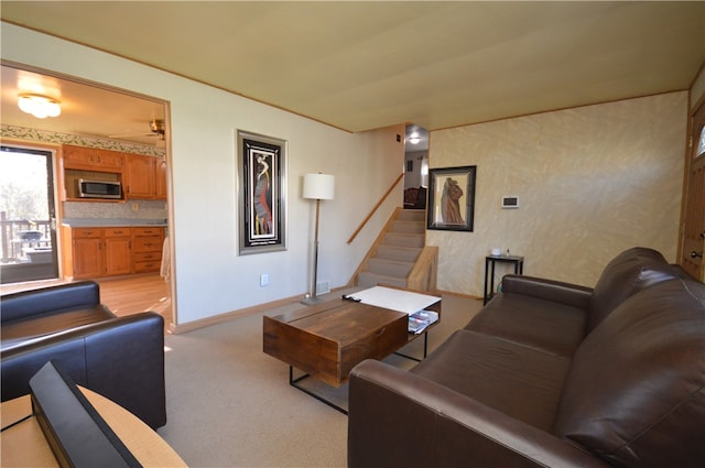 living room with light colored carpet