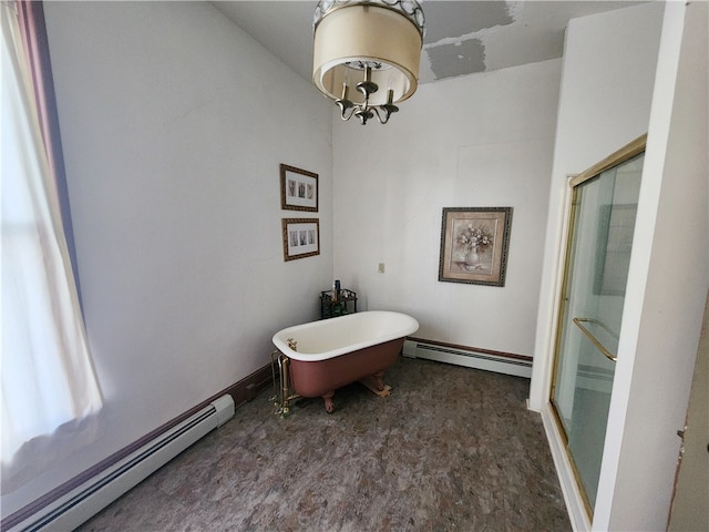 bathroom with walk in shower, a notable chandelier, and baseboard heating