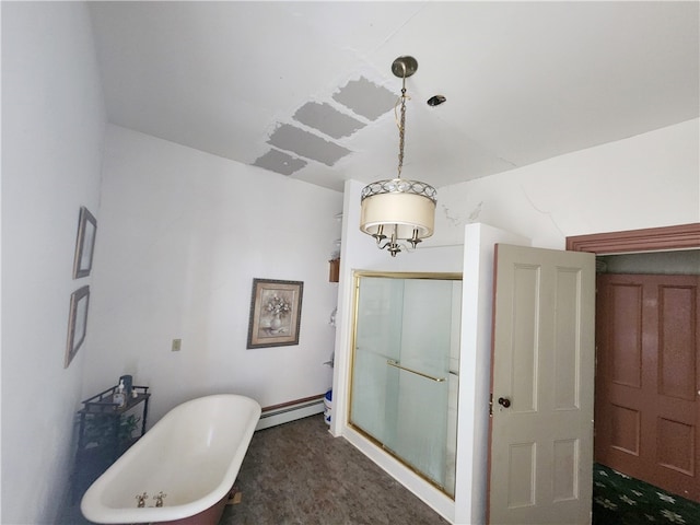 bathroom featuring a baseboard radiator and plus walk in shower