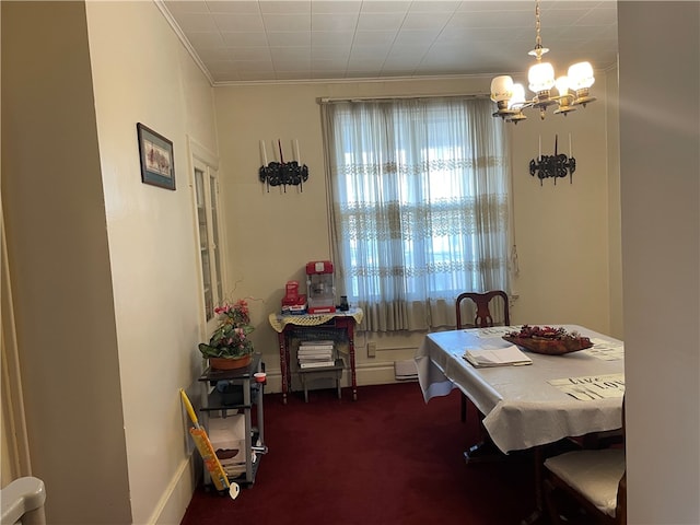 dining area featuring dark carpet, a chandelier, and crown molding