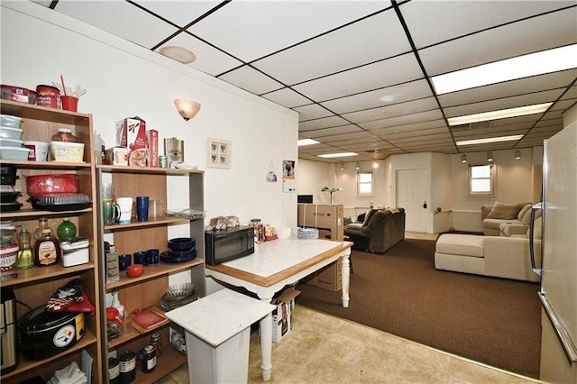 interior space featuring light colored carpet and a drop ceiling