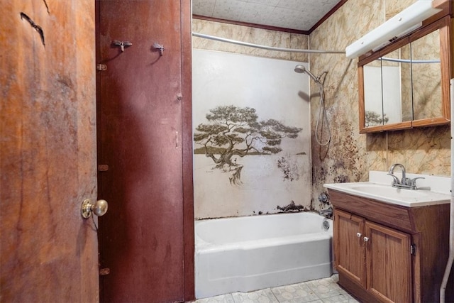 bathroom featuring vanity with extensive cabinet space,  shower combination, and tile flooring