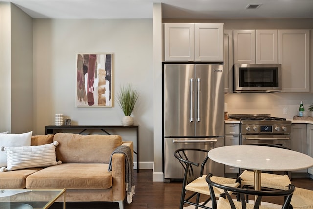 kitchen featuring gray cabinetry, stainless steel appliances, and dark wood-type flooring