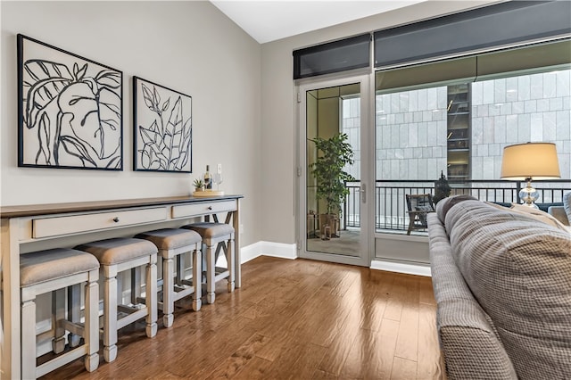 interior space with dark hardwood / wood-style floors, lofted ceiling, and plenty of natural light