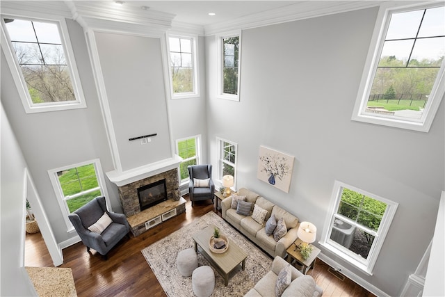 living room featuring dark hardwood / wood-style floors, a wealth of natural light, and a stone fireplace