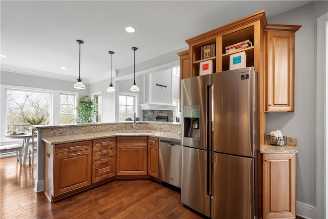 kitchen featuring sink, stainless steel appliances, light stone countertops, and dark wood-type flooring