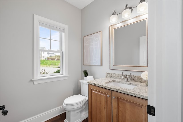 bathroom featuring hardwood / wood-style flooring, vanity with extensive cabinet space, and toilet