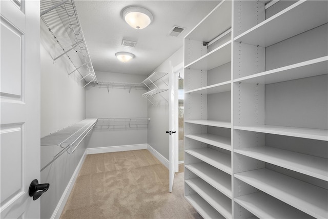 walk in closet featuring light colored carpet