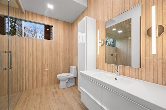 bathroom with vanity, toilet, a healthy amount of sunlight, and wood walls