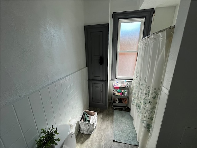 bathroom with tile walls and wood-type flooring