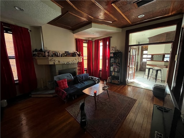 living room featuring dark hardwood / wood-style floors and a fireplace