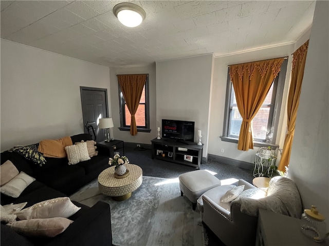 living room featuring dark colored carpet