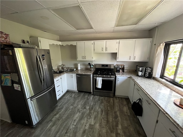 kitchen with white cabinets, dark hardwood / wood-style flooring, a drop ceiling, and stainless steel appliances