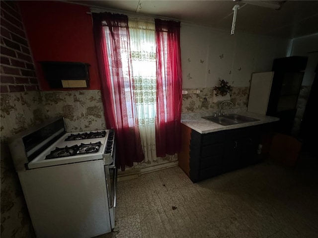 kitchen with a wealth of natural light, white gas range oven, and sink