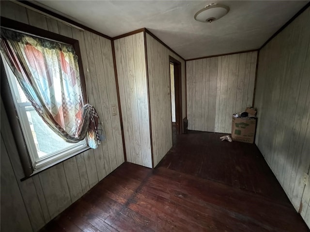 hall featuring wood walls and dark hardwood / wood-style flooring