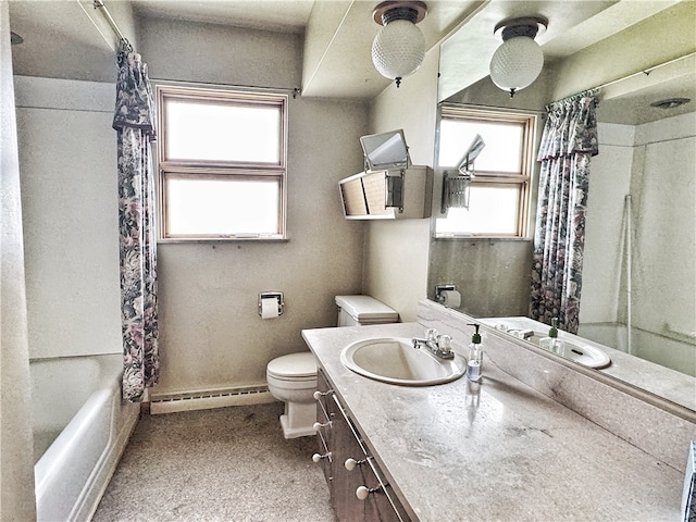 full bathroom featuring vanity, shower / bath combination with curtain, toilet, and baseboard heating