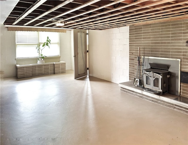 basement with a wood stove