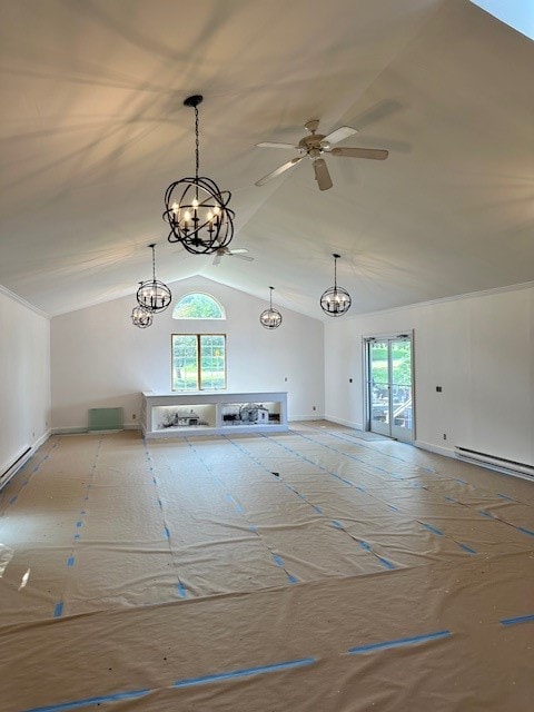 unfurnished living room with ceiling fan with notable chandelier, a baseboard radiator, and vaulted ceiling