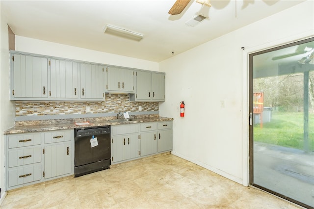 kitchen featuring black dishwasher, tasteful backsplash, ceiling fan, and light tile floors