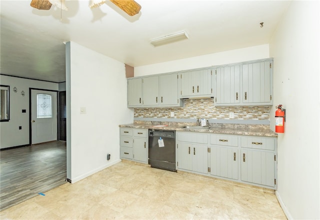 kitchen with light hardwood / wood-style flooring, ceiling fan, dishwasher, tasteful backsplash, and sink