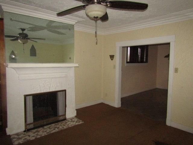 unfurnished living room featuring ornamental molding, a tile fireplace, and ceiling fan