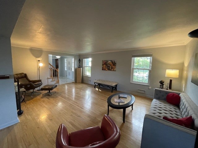 living room with light wood-type flooring, plenty of natural light, and crown molding