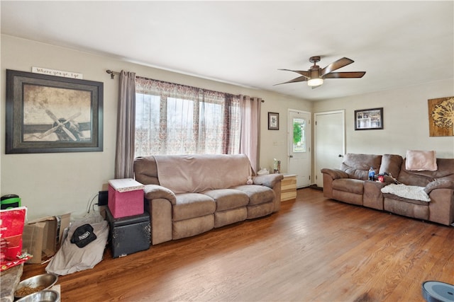 living room with a wealth of natural light, hardwood / wood-style flooring, and ceiling fan