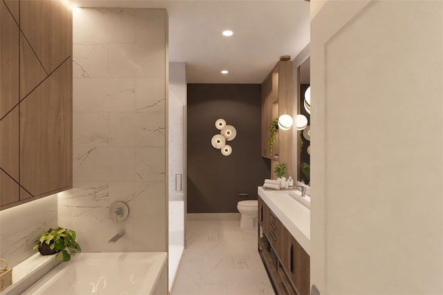 bathroom with tile flooring, vanity, and toilet