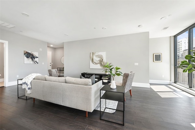 living room featuring a wall of windows and dark hardwood / wood-style floors