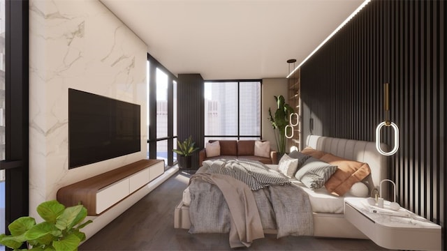 bedroom with floor to ceiling windows, dark wood-type flooring, and multiple windows