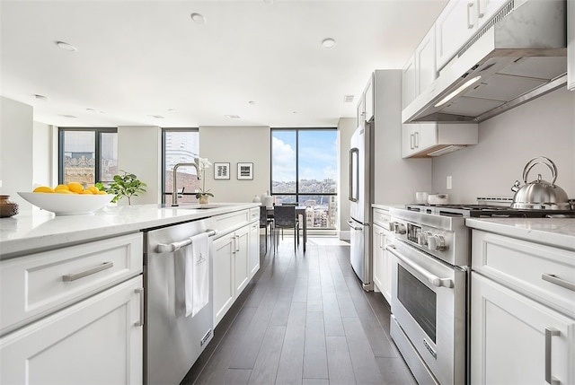 kitchen with high end appliances, white cabinets, dark hardwood / wood-style flooring, sink, and a wall of windows