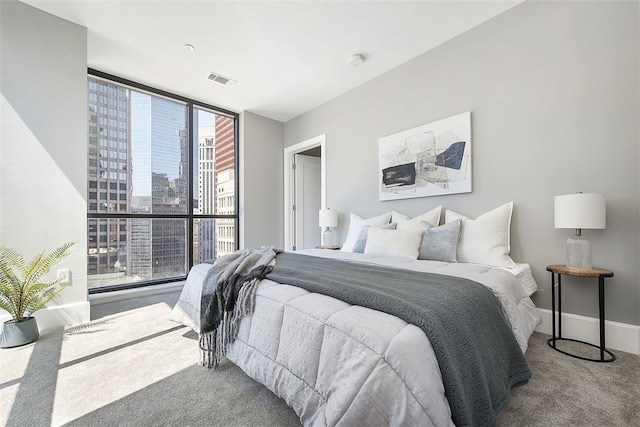 carpeted bedroom with a wall of windows