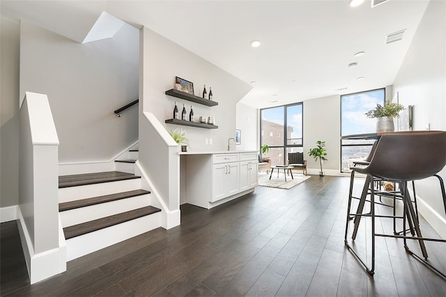 interior space featuring sink, dark hardwood / wood-style flooring, and expansive windows