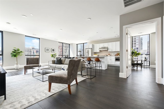 living room with floor to ceiling windows and dark hardwood / wood-style flooring