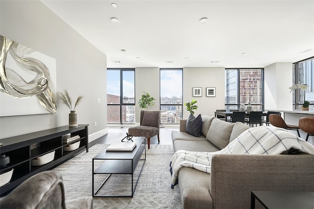 living room featuring a wall of windows and light hardwood / wood-style flooring