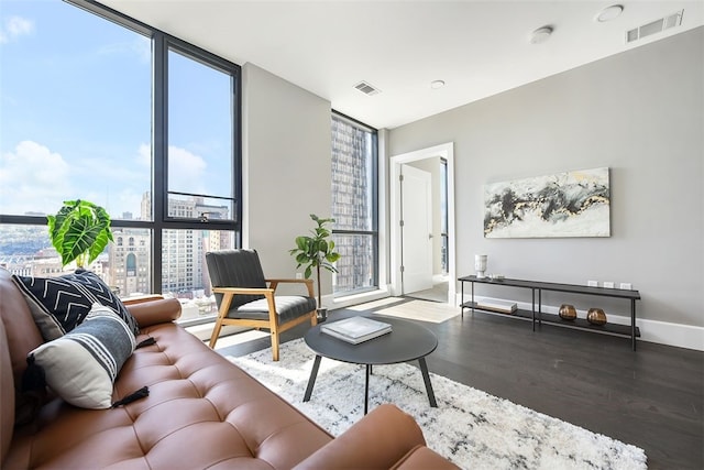 living room featuring a wall of windows and dark hardwood / wood-style floors