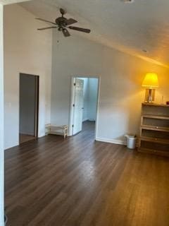 interior space featuring high vaulted ceiling, dark hardwood / wood-style flooring, and ceiling fan