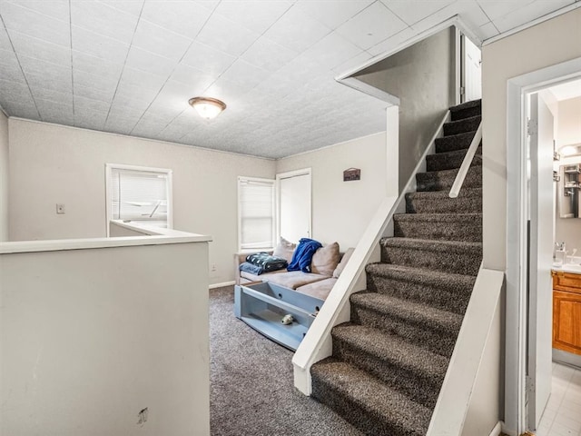 stairway featuring carpet