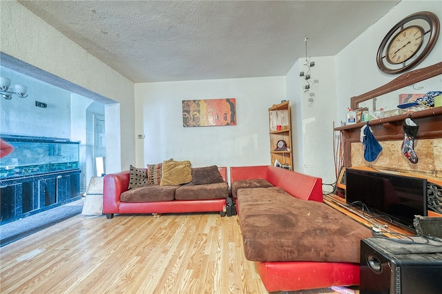 living room featuring a textured ceiling and hardwood / wood-style floors