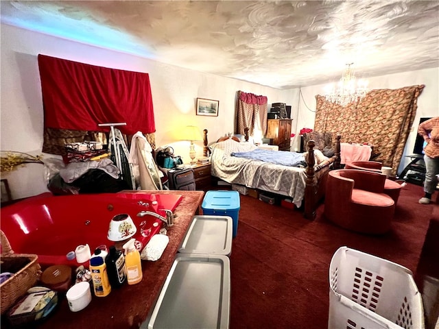 bedroom with a textured ceiling and a chandelier