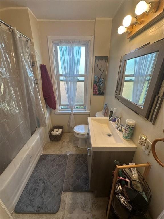 full bathroom featuring vanity, toilet, shower / bathtub combination with curtain, and crown molding