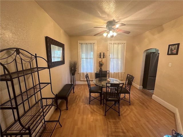 dining room with ceiling fan and light wood-type flooring