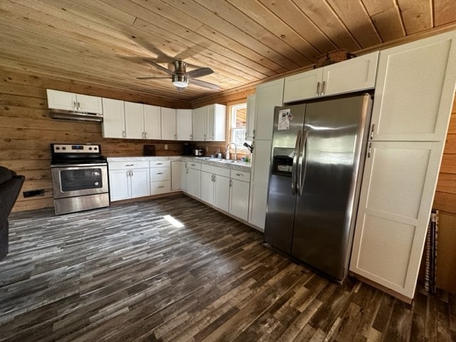 kitchen with appliances with stainless steel finishes, dark hardwood / wood-style floors, wood ceiling, and white cabinets