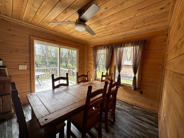 dining room featuring wooden ceiling, ceiling fan, wooden walls, and dark hardwood / wood-style floors