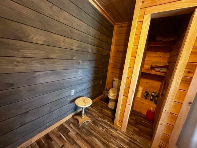 view of sauna / steam room with wood walls and hardwood / wood-style floors