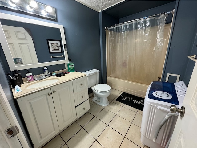 full bathroom with toilet, tile patterned flooring, vanity, a textured ceiling, and shower / tub combo