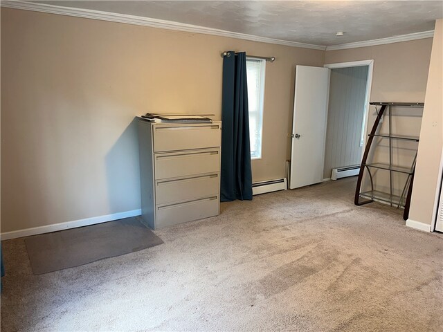 unfurnished bedroom featuring ornamental molding, a baseboard heating unit, and light carpet